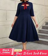 AOMEIDRESS Work Holiday Party Dress Hollow Out Bow Grace Draped Dress Navy / 0XL