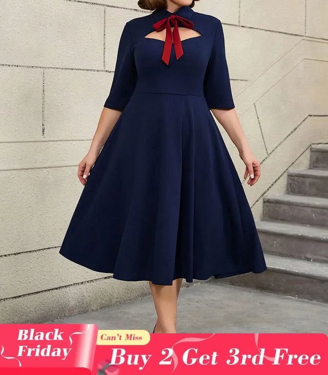 AOMEIDRESS Work Holiday Party Dress Hollow Out Bow Grace Draped Dress Navy / 0XL