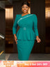 AOMEIDRESS Work Holiday Party Dress Long Sleeve Chain Trim Lake Green Silk  
