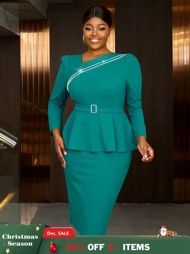 AOMEIDRESS Work Holiday Party Dress Long Sleeve Chain Trim Lake Green Silk  