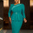 AOMEIDRESS Work Holiday Party Dress Long Sleeve Chain Trim Lake Green Silk  