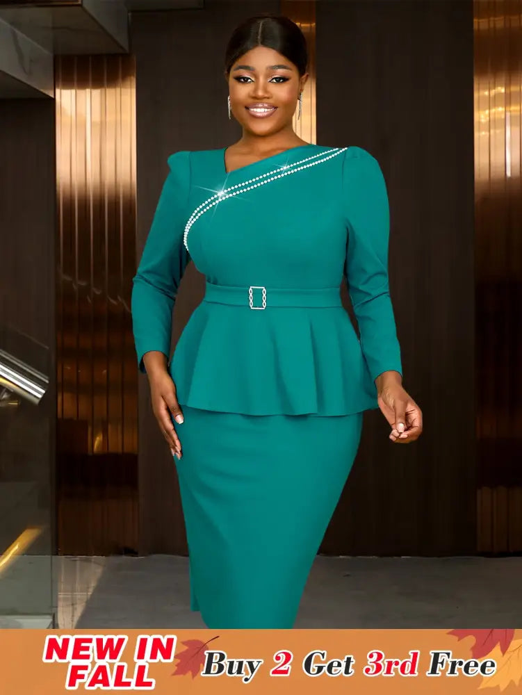 AOMEIDRESS Work Holiday Party Dress Long Sleeve Chain Trim Lake Green Silk  