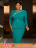 AOMEIDRESS Work Holiday Party Dress Long Sleeve Chain Trim Lake Green Silk  