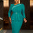 AOMEIDRESS Work Holiday Party Dress Long Sleeve Chain Trim Lake Green Silk  
