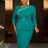 AOMEIDRESS Work Holiday Party Dress Long Sleeve Chain Trim Lake Green Silk  