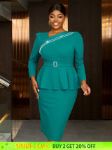 AOMEIDRESS Work Holiday Party Dress Long Sleeve Chain Trim Lake Green Silk  