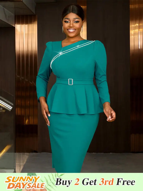 AOMEIDRESS Work Holiday Party Dress Long Sleeve Chain Trim Lake Green Silk  