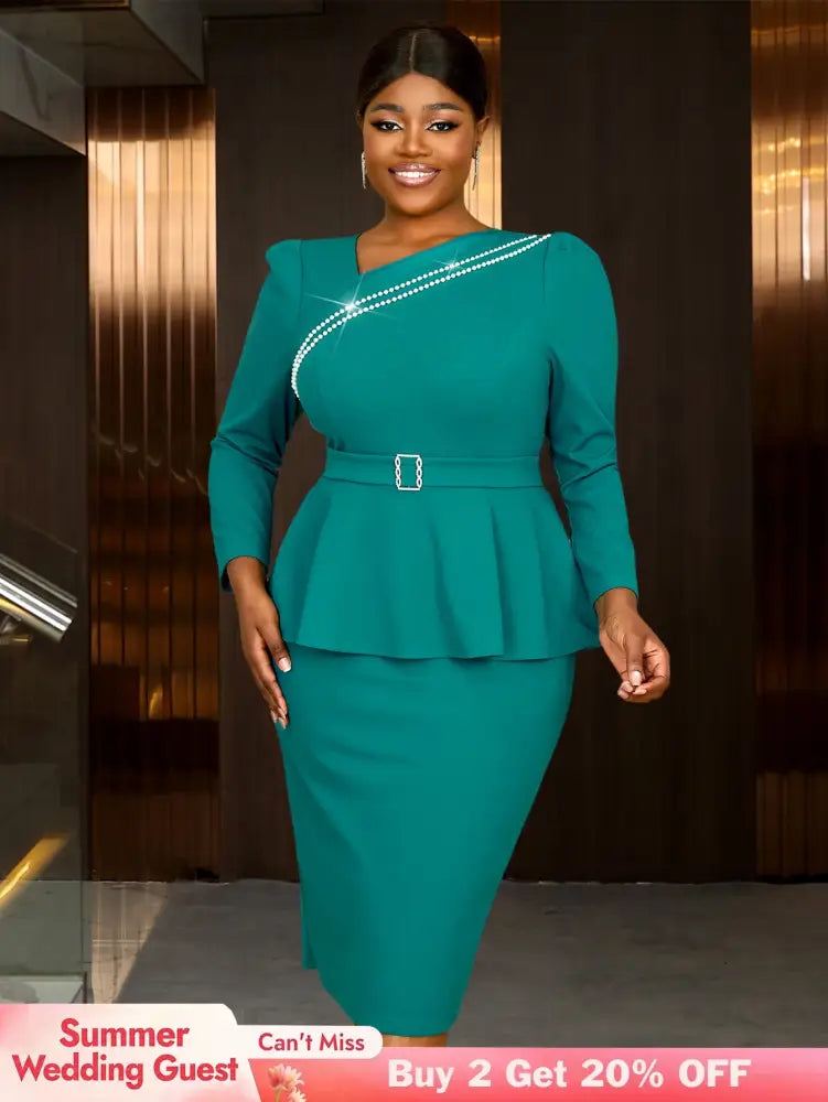 AOMEIDRESS Work Holiday Party Dress Long Sleeve Chain Trim Lake Green Silk  