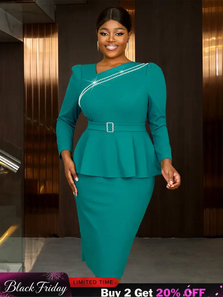 AOMEIDRESS Work Holiday Party Dress Long Sleeve Chain Trim Lake Green Silk  