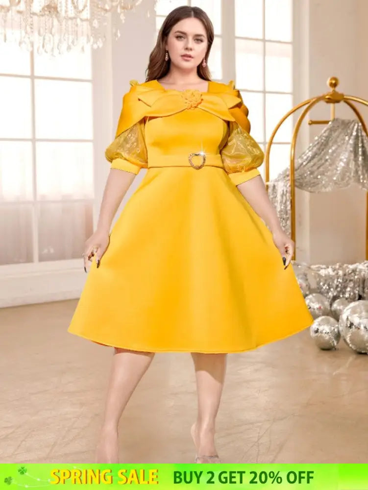yellow o neck midi dresses for women