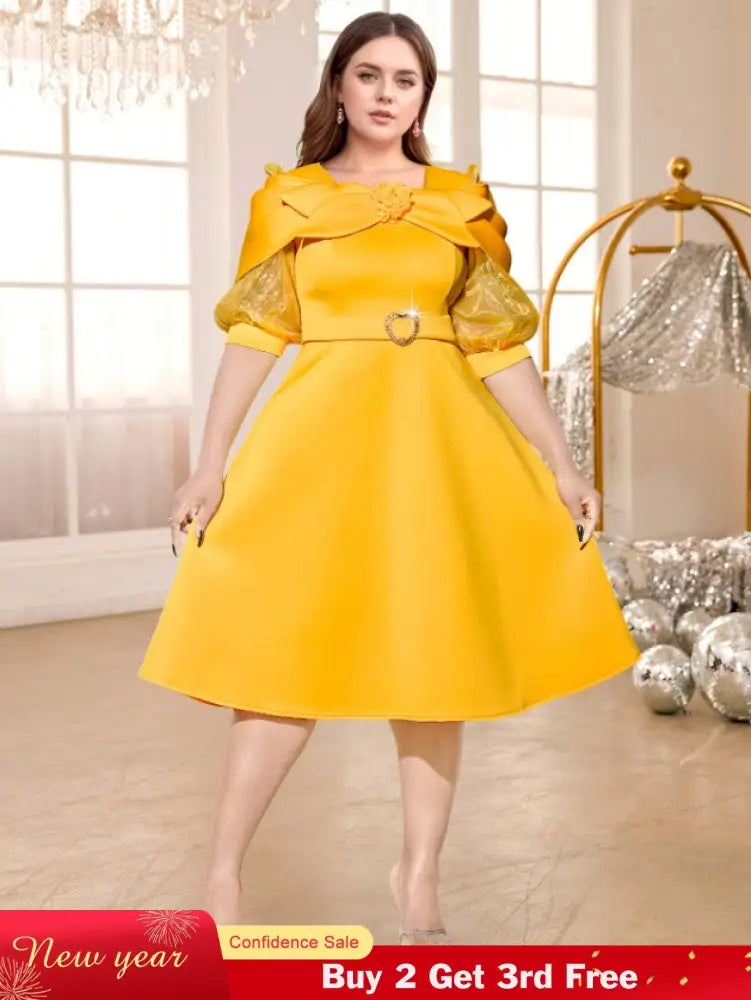 yellow o neck midi dresses for women