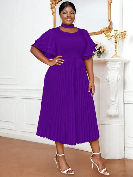 AOMEIDRESS Yellow Halter O Neck Short Ruffles Sleeves Pleated Dress DarkPurple / S