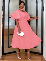 AOMEIDRESS Yellow Halter O Neck Short Ruffles Sleeves Pleated Dress Pink / S