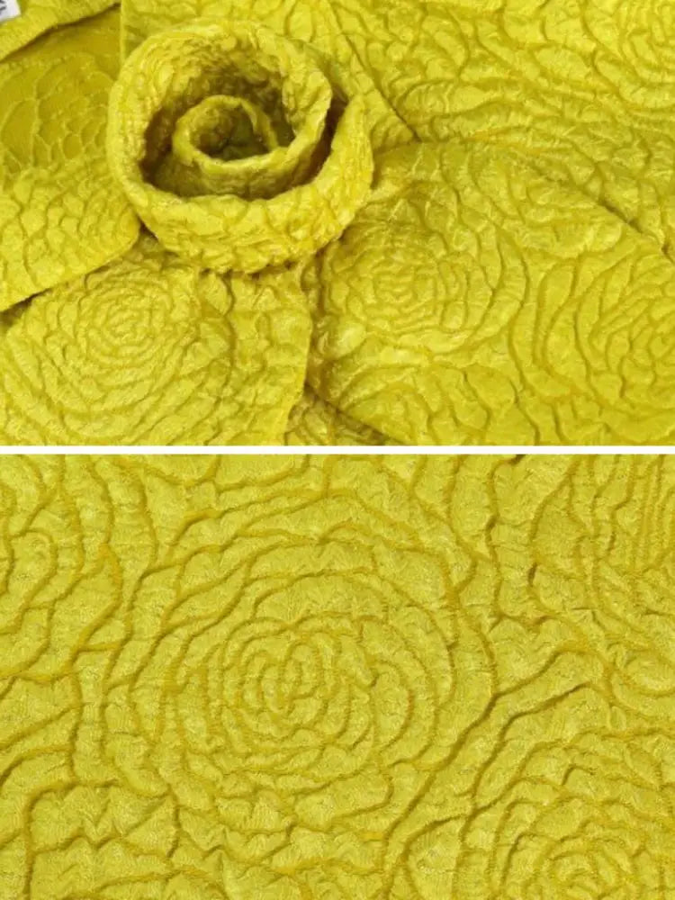 AOMEIDRESS Yellow Jacquard A Line Dresses 3D Flower Short Puff Sleeve