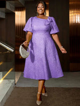 AOMEIDRESS Yellow Jacquard A Line Dresses 3D Flower Short Puff Sleeve Purple / S