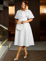 AOMEIDRESS Yellow Jacquard A Line Dresses 3D Flower Short Puff Sleeve White / S