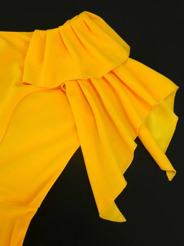 AOMEIDRESS Yellow One Shoulder Ruffle High Waist Pleated A Line Dress