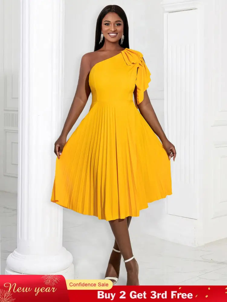AOMEIDRESS Yellow One Shoulder Ruffle High Waist Pleated A Line Dress