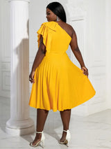 AOMEIDRESS Yellow One Shoulder Ruffle High Waist Pleated A Line Dress