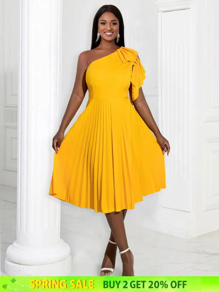 AOMEIDRESS Yellow One Shoulder Ruffle High Waist Pleated A Line Dress