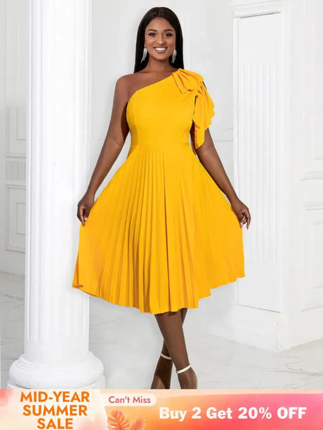 AOMEIDRESS Yellow One Shoulder Ruffle High Waist Pleated A Line Dress