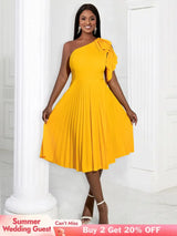AOMEIDRESS Yellow One Shoulder Ruffle High Waist Pleated A Line Dress