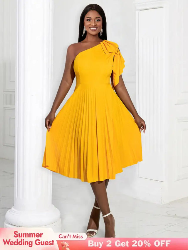 AOMEIDRESS Yellow One Shoulder Ruffle High Waist Pleated A Line Dress