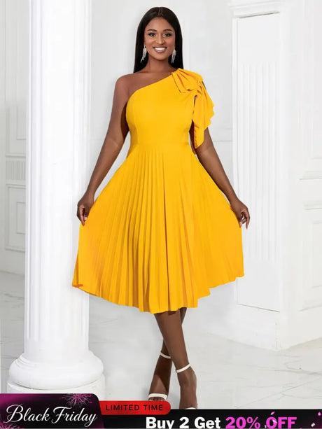 AOMEIDRESS Yellow One Shoulder Ruffle High Waist Pleated A Line Dress
