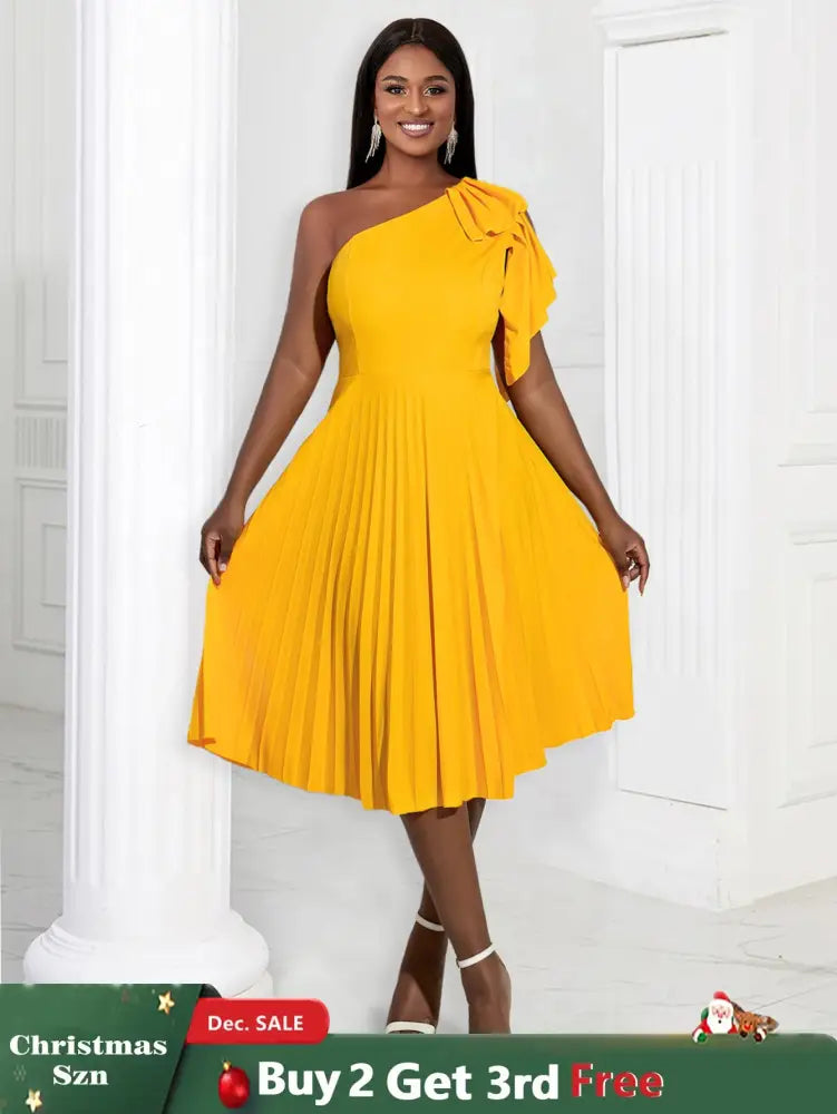 AOMEIDRESS Yellow One Shoulder Ruffle High Waist Pleated A Line Dress