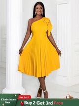 AOMEIDRESS Yellow One Shoulder Ruffle High Waist Pleated A Line Dress
