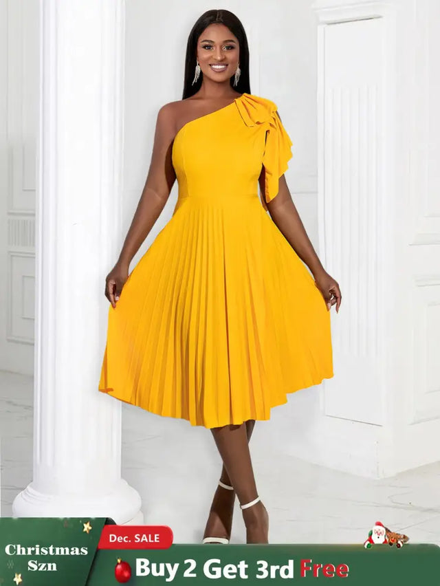 AOMEIDRESS Yellow One Shoulder Ruffle High Waist Pleated A Line Dress