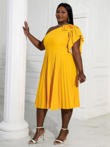 AOMEIDRESS Yellow One Shoulder Ruffle High Waist Pleated A Line Dress