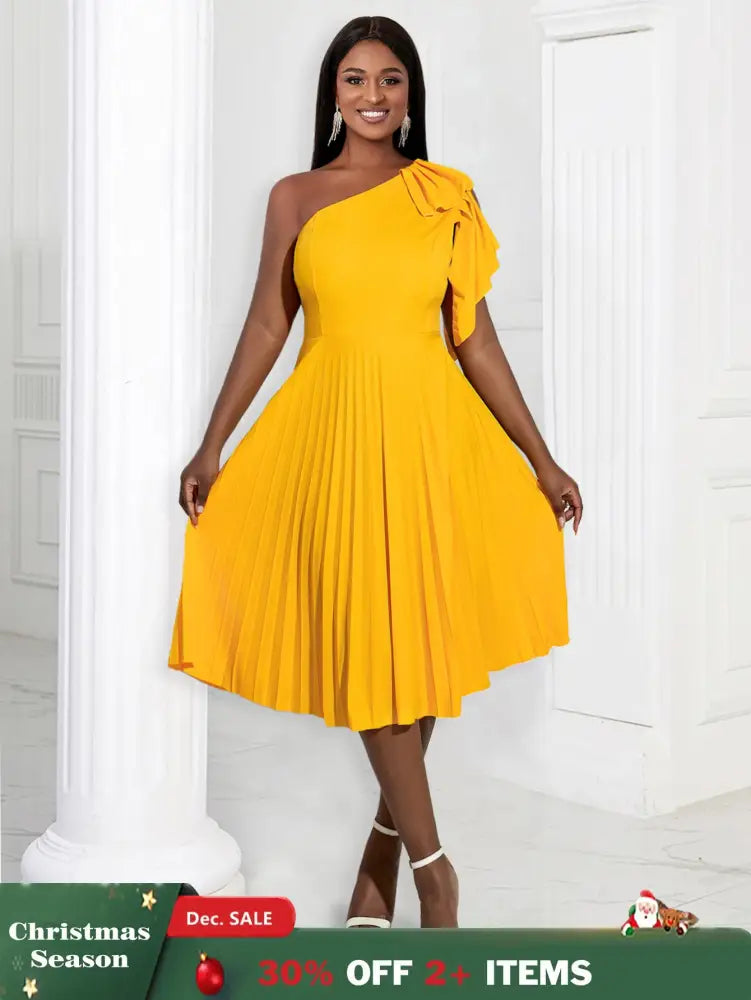 AOMEIDRESS Yellow One Shoulder Ruffle High Waist Pleated A Line Dress