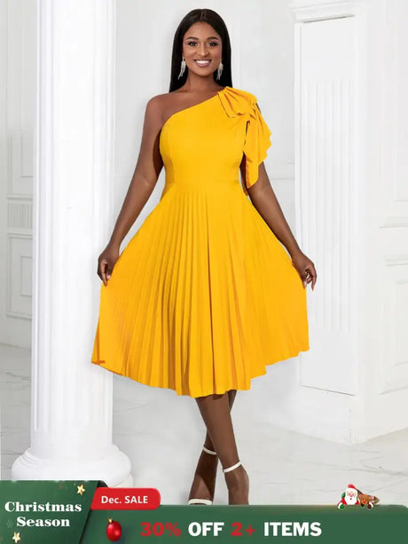 AOMEIDRESS Yellow One Shoulder Ruffle High Waist Pleated A Line Dress