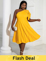 AOMEIDRESS Yellow One Shoulder Ruffle High Waist Pleated A Line Dress Yellow / S