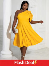 AOMEIDRESS Yellow One Shoulder Ruffle High Waist Pleated A Line Dress Yellow / S