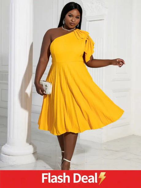 AOMEIDRESS Yellow One Shoulder Ruffle High Waist Pleated A Line Dress Yellow / S