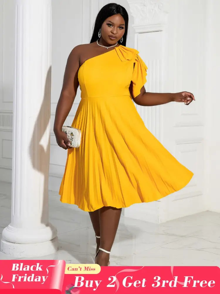AOMEIDRESS Yellow One Shoulder Ruffle High Waist Pleated A Line Dress Yellow / S