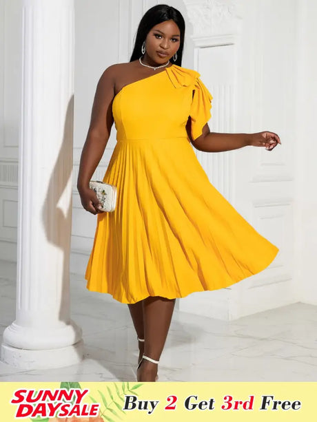 AOMEIDRESS Yellow One Shoulder Ruffle High Waist Pleated A Line Dress Yellow / S