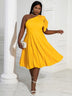 AOMEIDRESS Yellow One Shoulder Ruffle High Waist Pleated A Line Dress Yellow / S