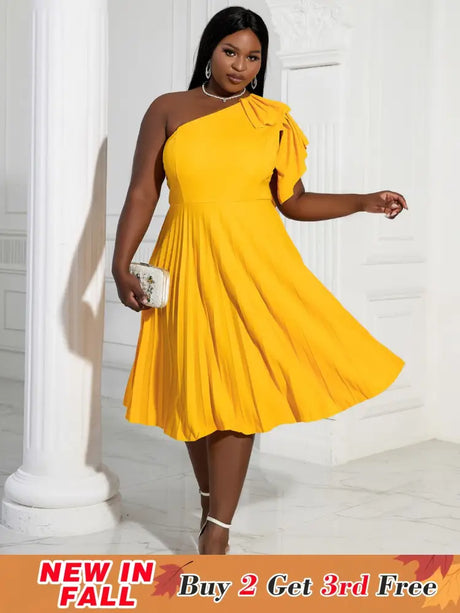 AOMEIDRESS Yellow One Shoulder Ruffle High Waist Pleated A Line Dress Yellow / S