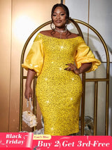 AOMEIDRESS Yellow Sequins Dress Off Shoulder Patchwork Lantern Sleeve Yellow / S