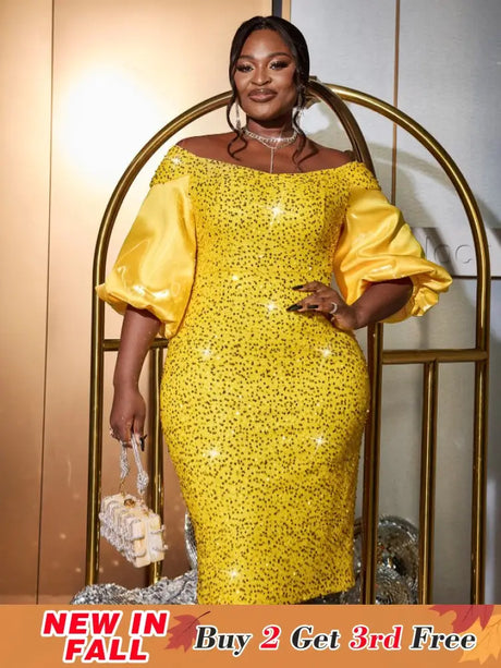 AOMEIDRESS Yellow Sequins Dress Off Shoulder Patchwork Lantern Sleeve Yellow / S