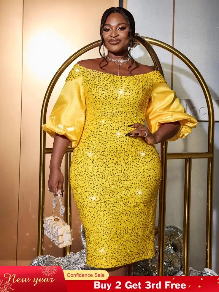 AOMEIDRESS Yellow Sequins Dress Off Shoulder Patchwork Lantern Sleeve Yellow / S