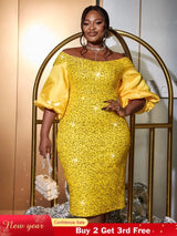 AOMEIDRESS Yellow Sequins Dress Off Shoulder Patchwork Lantern Sleeve Yellow / S