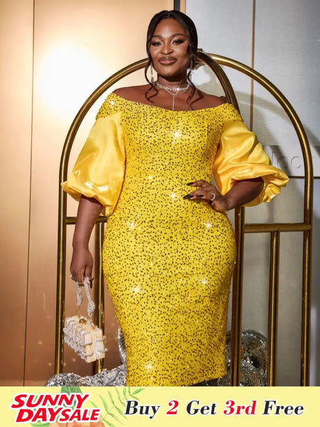 AOMEIDRESS Yellow Sequins Dress Off Shoulder Patchwork Lantern Sleeve Yellow / S