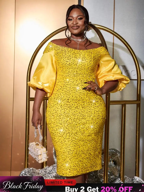 AOMEIDRESS Yellow Sequins Dress Off Shoulder Patchwork Lantern Sleeve Yellow / S