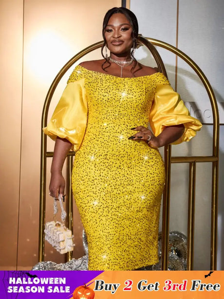 AOMEIDRESS Yellow Sequins Dress Off Shoulder Patchwork Lantern Sleeve Yellow / S