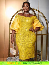 AOMEIDRESS Yellow Sequins Dress Off Shoulder Patchwork Lantern Sleeve Yellow / S