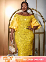 AOMEIDRESS Yellow Sequins Dress Off Shoulder Patchwork Lantern Sleeve Yellow / S